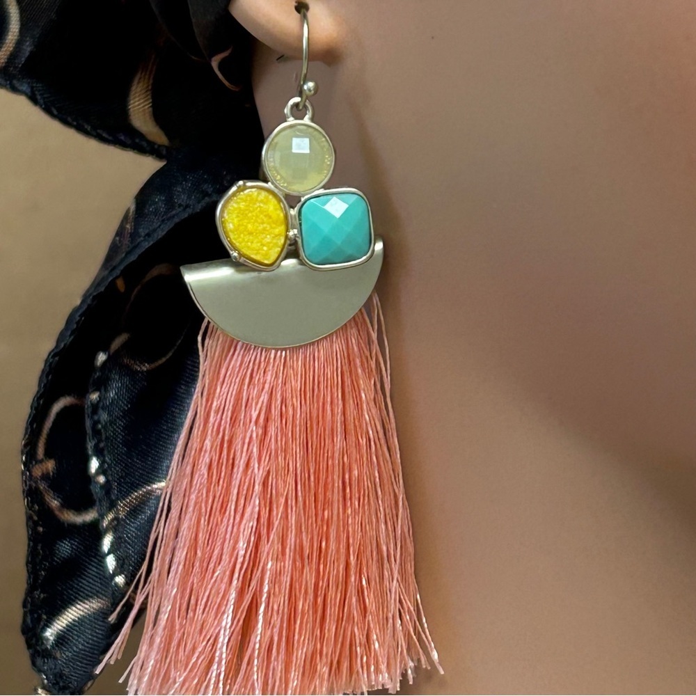 Striking Coral Crystal Tassel Gold Earrings